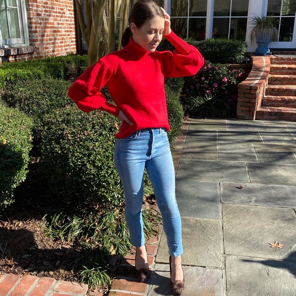 Sweaters - Red Puff Sleeve Turtleneck Sweater